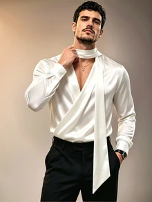 Manfinity Dauomo 男士優雅休閒長袖襯衫，深V領附領結緞帶，白色，適合婚禮派對，秋季款 - 白色 - 查看 3