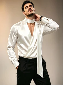 Manfinity Dauomo 男士優雅休閒長袖襯衫，深V領附領結緞帶，白色，適合婚禮派對，秋季款 - 白色 - 查看 4