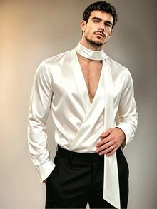 Manfinity Dauomo 男士優雅休閒長袖襯衫，深V領附領結緞帶，白色，適合婚禮派對，秋季款 - 白色 - 查看 8