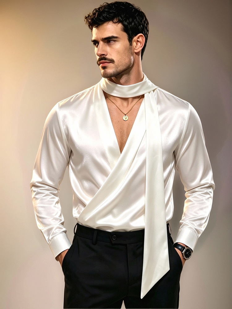 Manfinity Dauomo Men's Elegant Casual Long Sleeve Shirt With Deep V-Neck And Tie Ribbon Wedding Party White Autumn - White - View 7