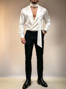 Manfinity Dauomo 男士優雅休閒長袖襯衫，深V領附領結緞帶，白色，適合婚禮派對，秋季款 - 白色 - 查看 6