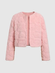 SHEIN 兒童 SHIEN 青少年女孩愛心紋理純色粉色毛絨外套，適合派對秋冬穿搭 - 粉色 - 查看 3