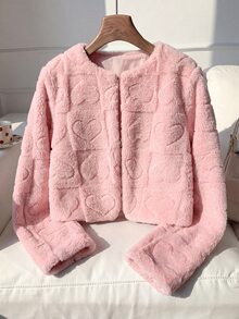 SHEIN 兒童 SHIEN 青少年女孩愛心紋理純色粉色毛絨外套，適合派對秋冬穿搭 - 粉色 - 查看 2