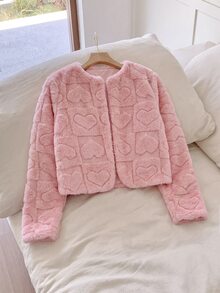 SHEIN 兒童 SHIEN 青少年女孩愛心紋理純色粉色毛絨外套，適合派對秋冬穿搭 - 粉色 - 查看 8