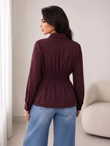 Solavon Plus Size Women's Solid Color Pleated Casual Everyday Blouse - Burgundy - View 2