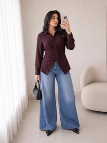 Solavon Plus Size Women's Solid Color Pleated Casual Everyday Blouse - Burgundy - View 4