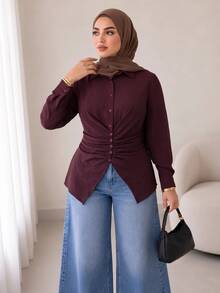 Solavon Plus Size Women's Solid Color Pleated Casual Everyday Blouse - Burgundy - View 5