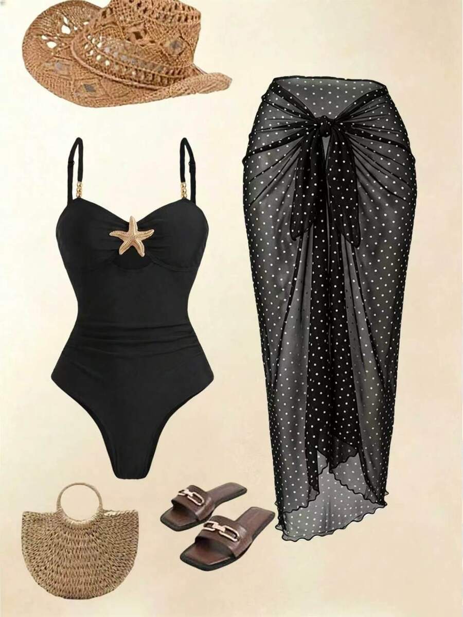 Swim Oasis 女款夏季海灘度假連身泳衣,前胸鏤空設計,海星裝飾,抓皺修身剪裁,附配套繫帶長裙 - 黑色 - 查看 1