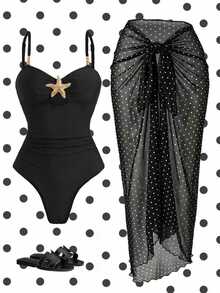 Swim Oasis 女款夏季海灘度假連身泳衣，前胸鏤空設計，海星裝飾，抓皺修身剪裁，附配套繫帶長裙 - 黑色 - 查看 5