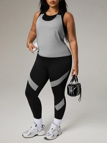 Rhythm Era Plus Size Women 3pcs Set: Solid Color Round Neck Tank Top + Letter Print Tank Top + Colorblock Leggings Sports Suit - Multicolor - View 8