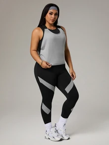 Rhythm Era Plus Size Women 3pcs Set: Solid Color Round Neck Tank Top + Letter Print Tank Top + Colorblock Leggings Sports Suit - Multicolor - View 6