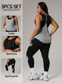 Rhythm Era Plus Size Women 3pcs Set: Solid Color Round Neck Tank Top + Letter Print Tank Top + Colorblock Leggings Sports Suit - Multicolor - View 4