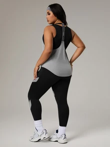 Rhythm Era Plus Size Women 3pcs Set: Solid Color Round Neck Tank Top + Letter Print Tank Top + Colorblock Leggings Sports Suit - Multicolor - View 10