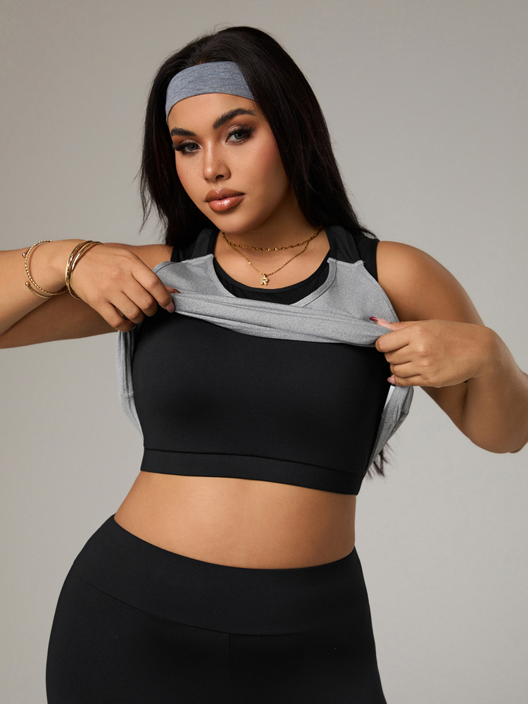 Rhythm Era Plus Size Women 3pcs Set: Solid Color Round Neck Tank Top + Letter Print Tank Top + Colorblock Leggings Sports Suit - Multicolor - View 8