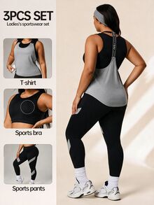Rhythm Era Plus Size Women 3pcs Set: Solid Color Round Neck Tank Top + Letter Print Tank Top + Colorblock Leggings Sports Suit - Multicolor - View 2