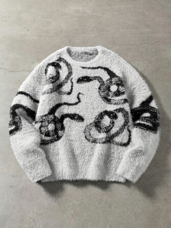 Pull streetwear pour homme en jacquard à motif serpent artistique, fausse fourrure de vison avec imprimé serpent