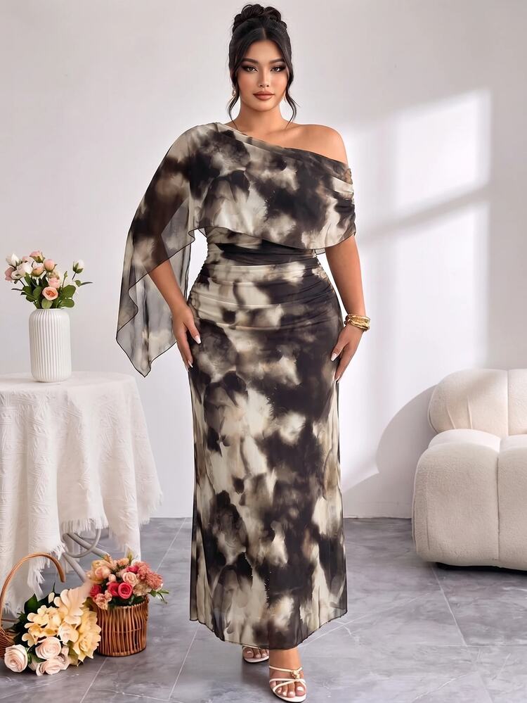 Modelyn Plus Size Women's Asymmetrical Shoulder Tie-Dye Ruched Elegant Waist-Cinching Party Dress - Black and White - View 5