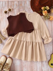 SHEIN 兒童女童 2件組 梭織素色印花背心與圓領休閒洋裝套裝 - 白色 - 查看 6