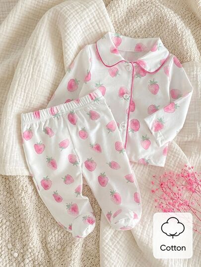 Bộ 2 món đồ mặc nhà cho bé gái sơ sinh mùa thu/đông, áo cardigan tay dài cổ Peter Pan viền phối màu họa tiết dâu tây dễ thương ngọt ngào và quần dài có chân
