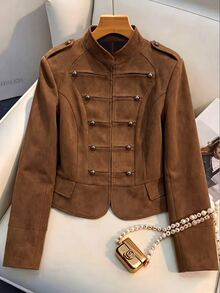 SHEIN 女款復古仿麂皮軍裝夾克 秋冬立領飾金屬鈕扣短版機車外套 復古西部短款外衣 - 棕色 - 查看 3
