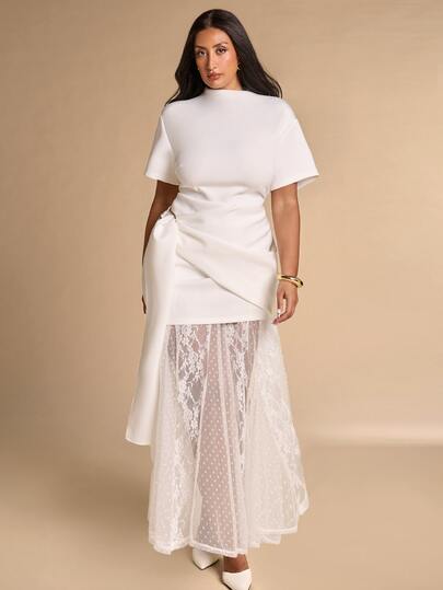 SHEIN BAE CURVE Plus Size Women White Long Lace Patchwork Dress, Elegant Dress, Suitable For Date, Party Dress