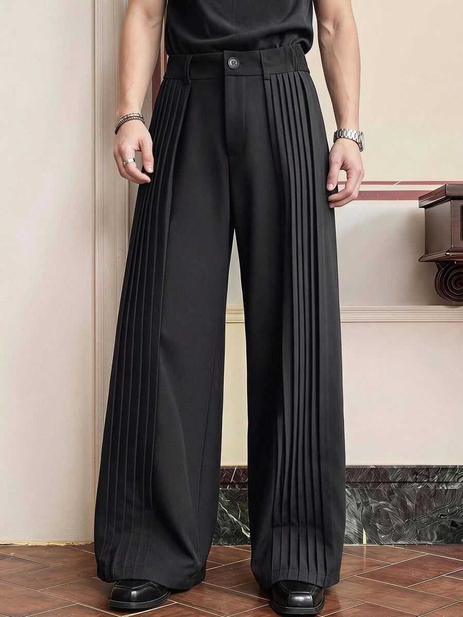 SWAVVY Men's Casual Button Pleated Pants For Daily Office Wear - Black - View 1