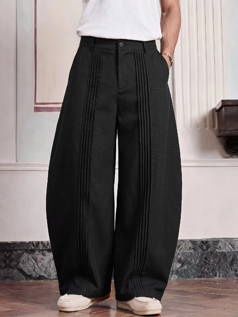 SWAVVY Men's Casual Button Pleated Pants For Daily Office Wear - Black - View 1