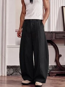 SWAVVY Men's Casual Button Pleated Pants For Daily Office Wear - Black - View 4