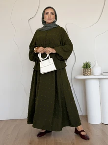 Solavon Plus Size Women's Green Ruched Long Sleeve Top And Skirt Casual 2-Piece Set - Army Green - View 7