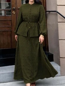 Solavon Plus Size Women's Green Ruched Long Sleeve Top And Skirt Casual 2-Piece Set - Army Green - View 4