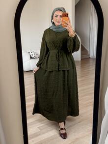 Solavon Plus Size Women's Green Ruched Long Sleeve Top And Skirt Casual 2-Piece Set - Army Green - View 1