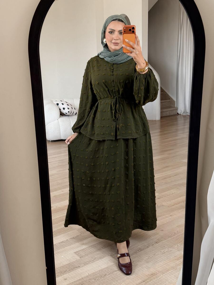 Solavon Plus Size Women's Green Ruched Long Sleeve Top And Skirt Casual 2-Piece Set - Army Green - View 1