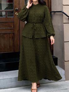 Solavon Plus Size Women's Green Ruched Long Sleeve Top And Skirt Casual 2-Piece Set - Army Green - View 3