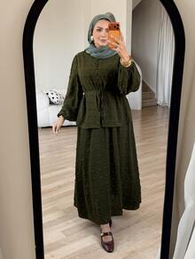 Solavon Plus Size Women's Green Ruched Long Sleeve Top And Skirt Casual 2-Piece Set - Army Green - View 6