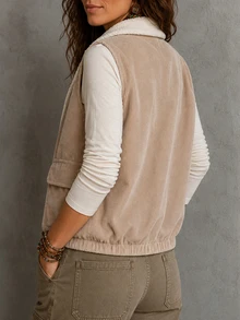 Franclia Women's Corduroy Lined Fleece Button Sleeveless Vest Suitable For Commuting Everyday Travel Dating Daily Wear Beige Fall Casual 80s Retro 70's - Khaki - View 2