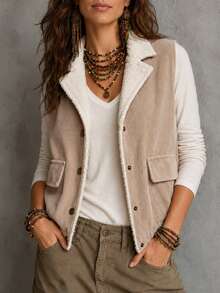 Franclia Women's Corduroy Lined Fleece Button Sleeveless Vest Suitable For Commuting Everyday Travel Dating Daily Wear Beige Fall Casual 80s Retro 70's - Khaki - View 5