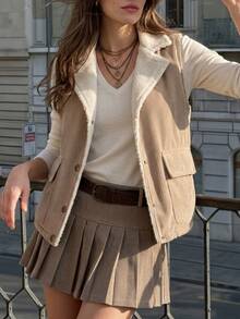 Franclia Women's Corduroy Lined Fleece Button Sleeveless Vest Suitable For Commuting Everyday Travel Dating Daily Wear Beige Fall Casual 80s Retro 70's - Khaki - View 1