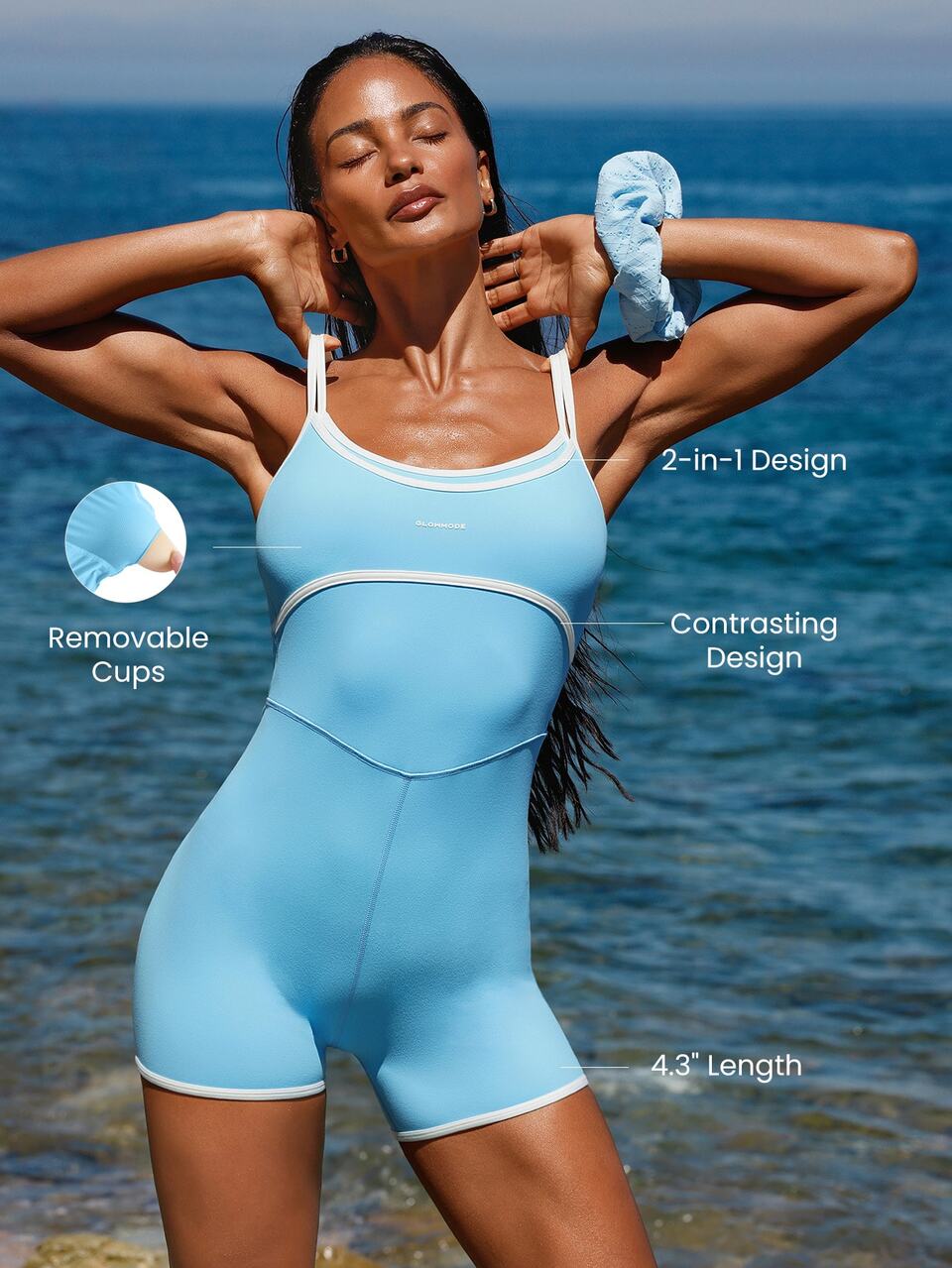 4.3" ButterFit Set Sail Mock 2-Piece Contrasting Bust Shoulder Straps Removable Cups One Piece Romper Holiday Vacation Summer Daily Casual Wear