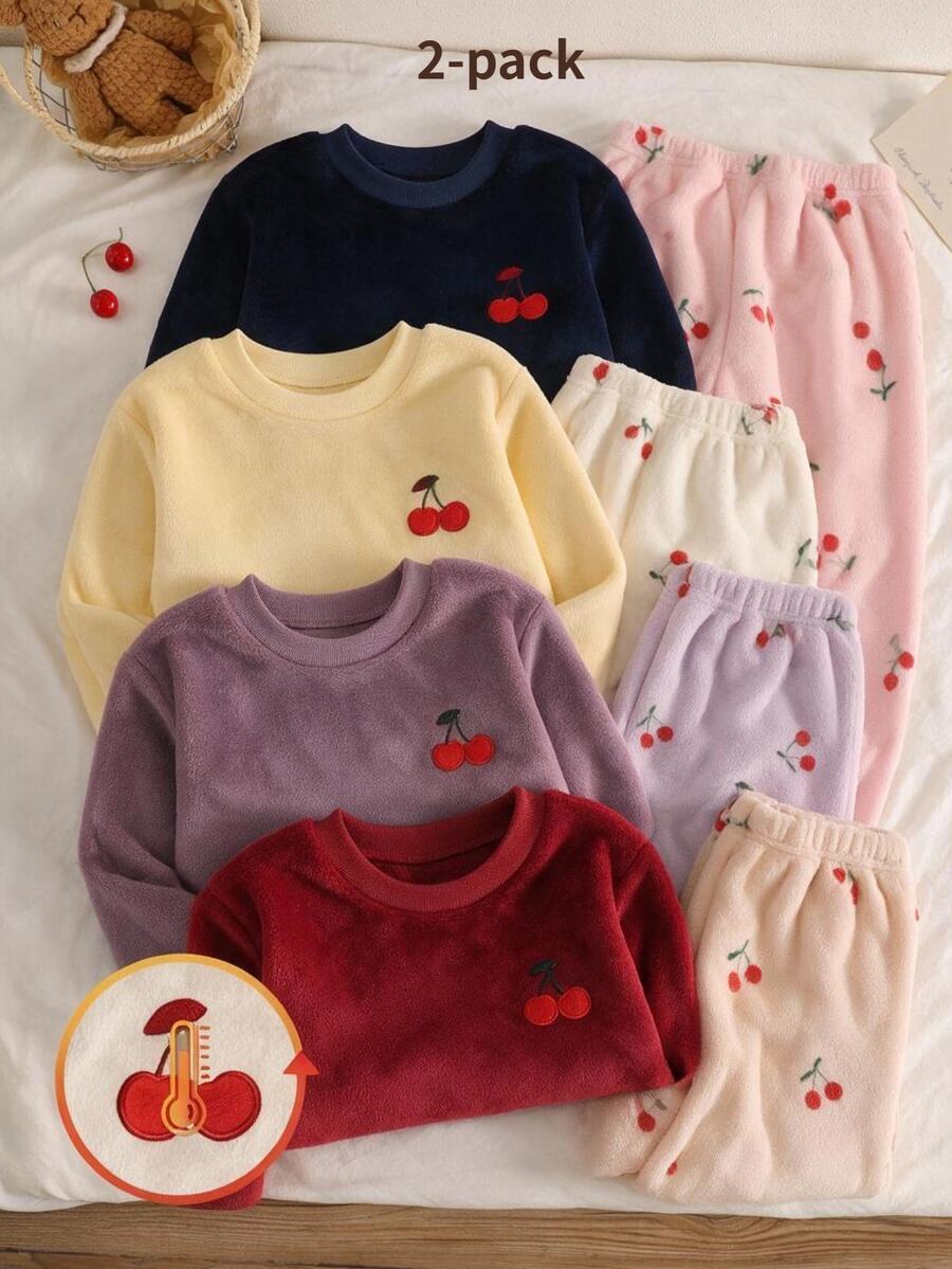 女童睡衣 青少年女孩秋冬日常休閒優雅家居服 長袖長褲 小櫻桃刺繡圖案與滿版小櫻桃印花 刷毛套裝 - 彩色 - 查看 1
