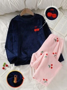 女童睡衣 青少年女孩秋冬日常休閒優雅家居服 長袖長褲 小櫻桃刺繡圖案與滿版小櫻桃印花 刷毛套裝 - 彩色 - 查看 5