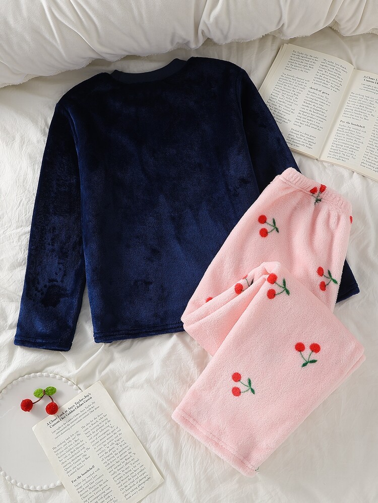 Girls Pajamas Tween Girl Autumn/Winter Daily Casual Elegant Home Wear Long Sleeve Long Pants Small Cherry Embroidery Pattern And All-Over Small Cherry Print Fleece Set - Multicolor - View 3