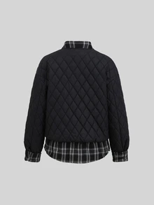 Sweetra Autumn/Winter Fashion Hot Girl College Style Patchwork Design American Retro Layered 2 In 1 Cool Black-Tone Minimalist Versatile Women's Cotton Padded Coat - Black - View 3