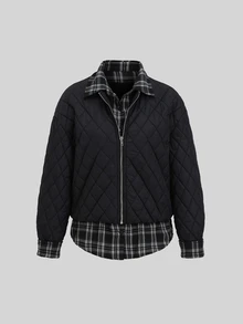 Sweetra Autumn/Winter Fashion Hot Girl College Style Patchwork Design American Retro Layered 2 In 1 Cool Black-Tone Minimalist Versatile Women's Cotton Padded Coat - Black - View 4