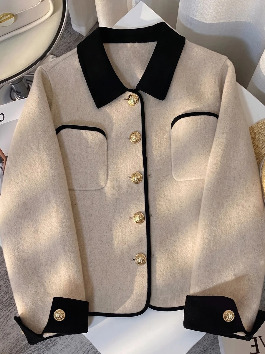 SHEIN Franclia 2026 Short Double-Sided Overcoat For Women, European American Style Contrast Color Lapel, Single-Breasted Metal Buttons, Elegant Slimming Wool, Beige - Apricot - View 1