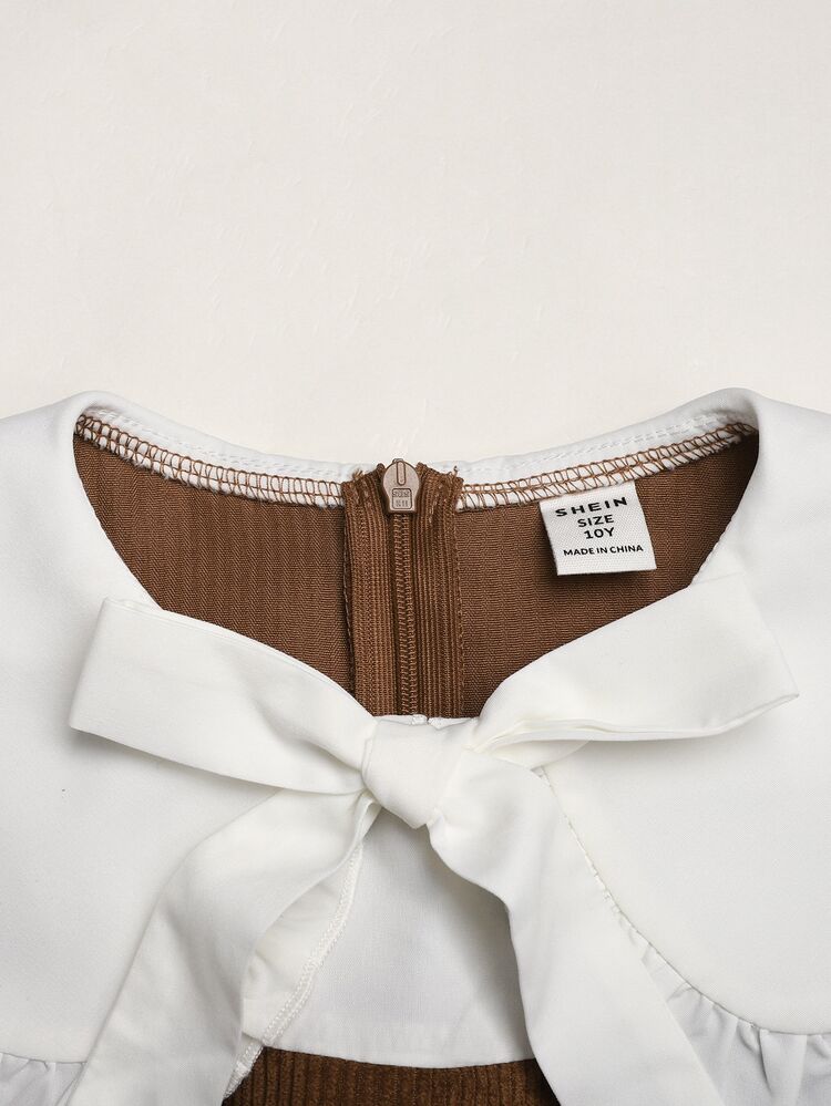 SHEIN Kids Tween Girls Dresses Spring Autumn Winter Woven Corduroy White Cute Peter Pan Collar Ruffle Bow Decor Patchwork Mid-Length Khaki Dress - Khaki - View 2
