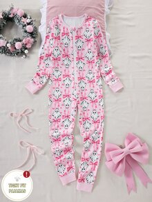 Girls' Fitted Long Sleeve Long Pants Jumpsuit With Bow Print And Zipper, Loungewear - Pink - View 2