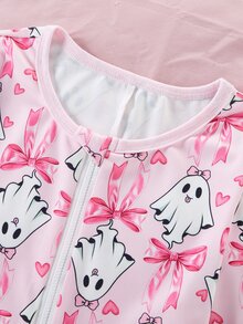 Girls' Fitted Long Sleeve Long Pants Jumpsuit With Bow Print And Zipper, Loungewear - Pink - View 5