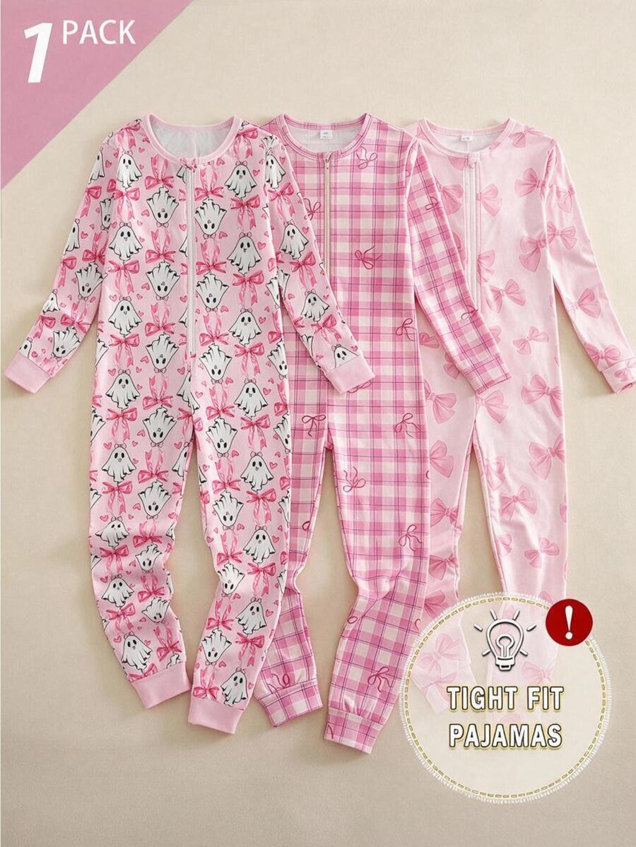 Girls' Fitted Long Sleeve Long Pants Jumpsuit With Bow Print And Zipper, Loungewear - Pink - View 1