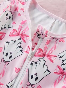 Girls' Fitted Long Sleeve Long Pants Jumpsuit With Bow Print And Zipper, Loungewear - Pink - View 6