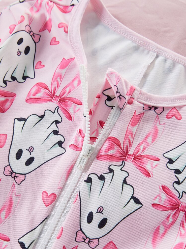 Bộ jumpsuit ôm dáng tay dài quần dài cho bé gái, họa tiết nơ, có khóa kéo, đồ mặc nhà - Hồng - Xem 6